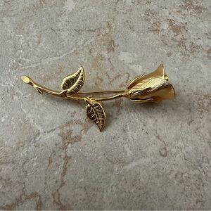 Gold Rose Stem Brooch Pin - Elegant Floral Jewelry